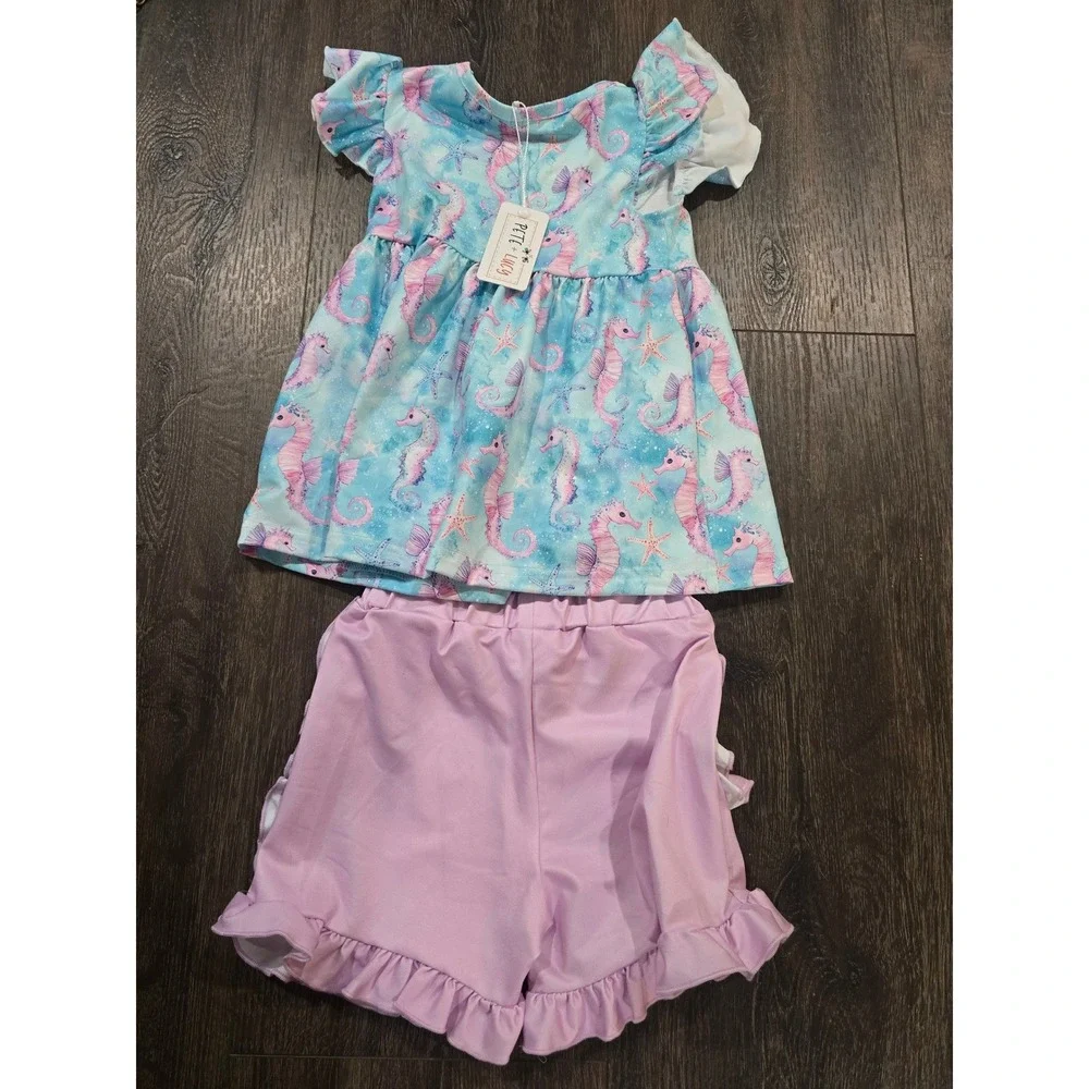 Pete + Lucy Girls 3T Seahorse Starfish Tunic Top and Ruffle Shorts Set P+lush